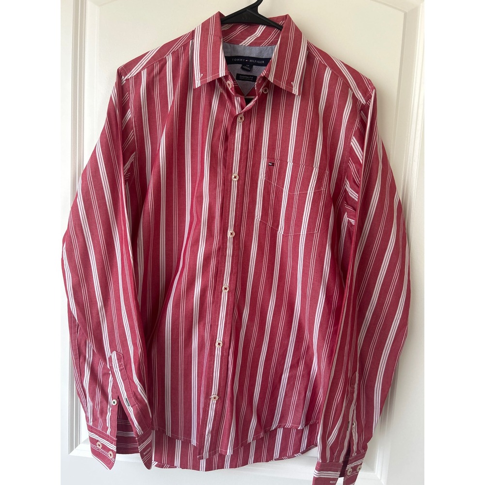 Tommy Hilfiger Mens Custom Fit Striped Button Down Shirt Red White Small